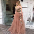 Ethereal A-Line Strapless 3D Floral Maxi Prom Dress
