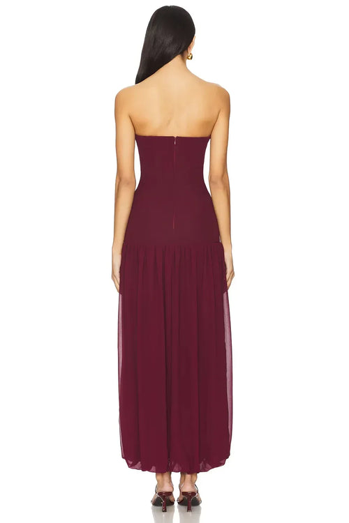 Robe de bal bustier longue fluide en mousseline avec jupe trapèze sans manches