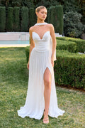 Ethereal A-Line Sweetheart Halter Sleeve Lace Up Back Train Length Prom Dress