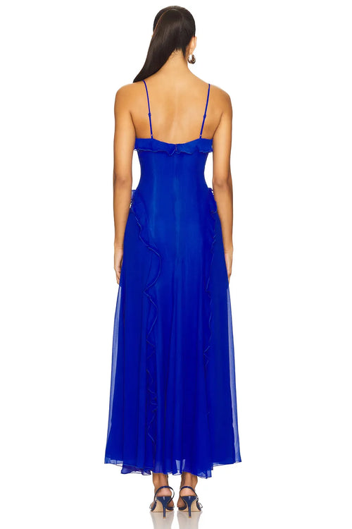 Robe de bal longue en ligne A éthérée avec col en cœur et manches à volants