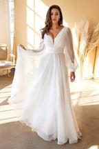 Ethereal A-Line V-Neck Bishop Sleeve Open Back Floor Length Prom Dress
