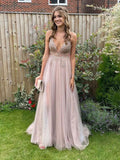 Ethereal A-Line V Neck Spaghetti Strap Beaded Maxi Prom Dress