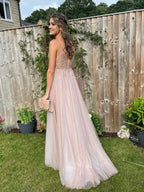 Ethereal A-Line V Neck Spaghetti Strap Beaded Maxi Prom Dress