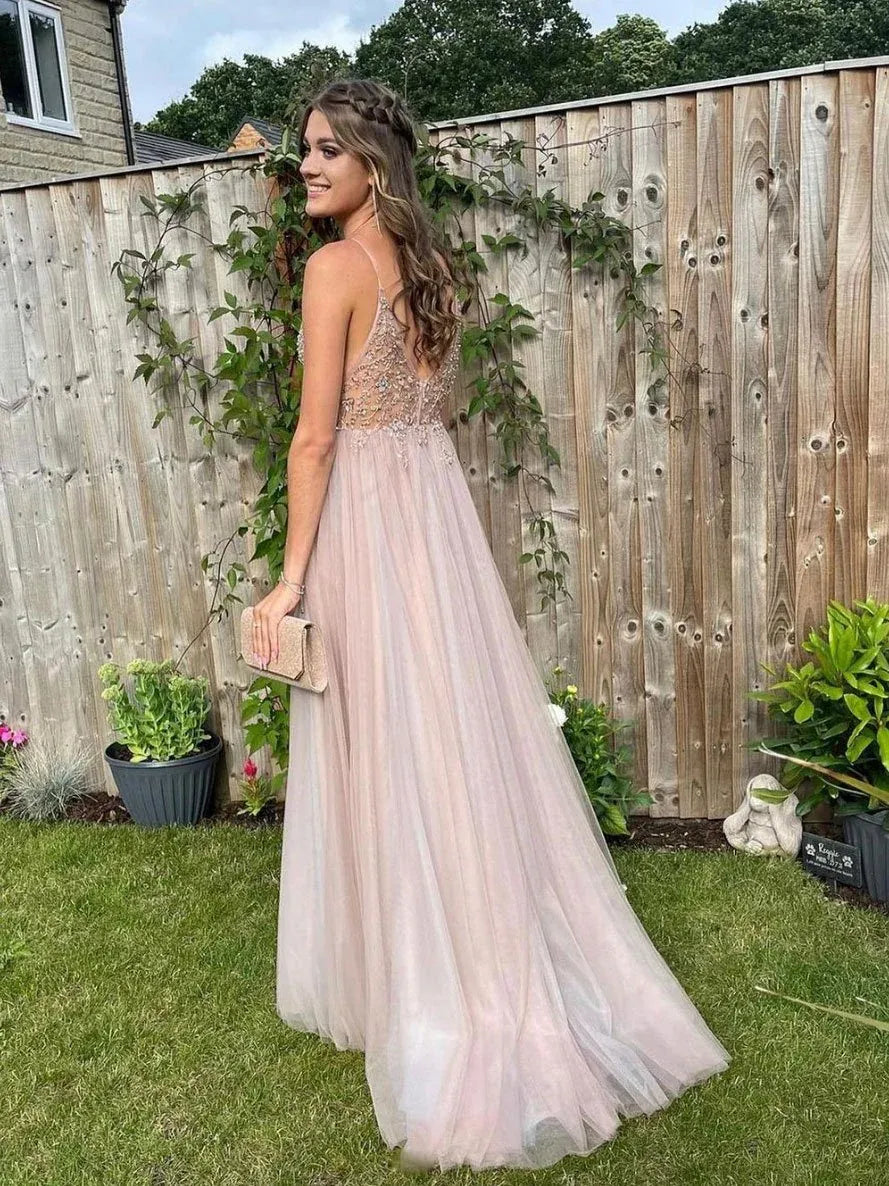 Ethereal A-Line V Neck Spaghetti Strap Beaded Maxi Prom Dress