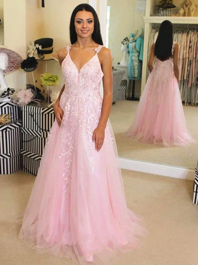 Ethereal A-Line V-Neck Spaghetti Strap Maxi Prom Dress
