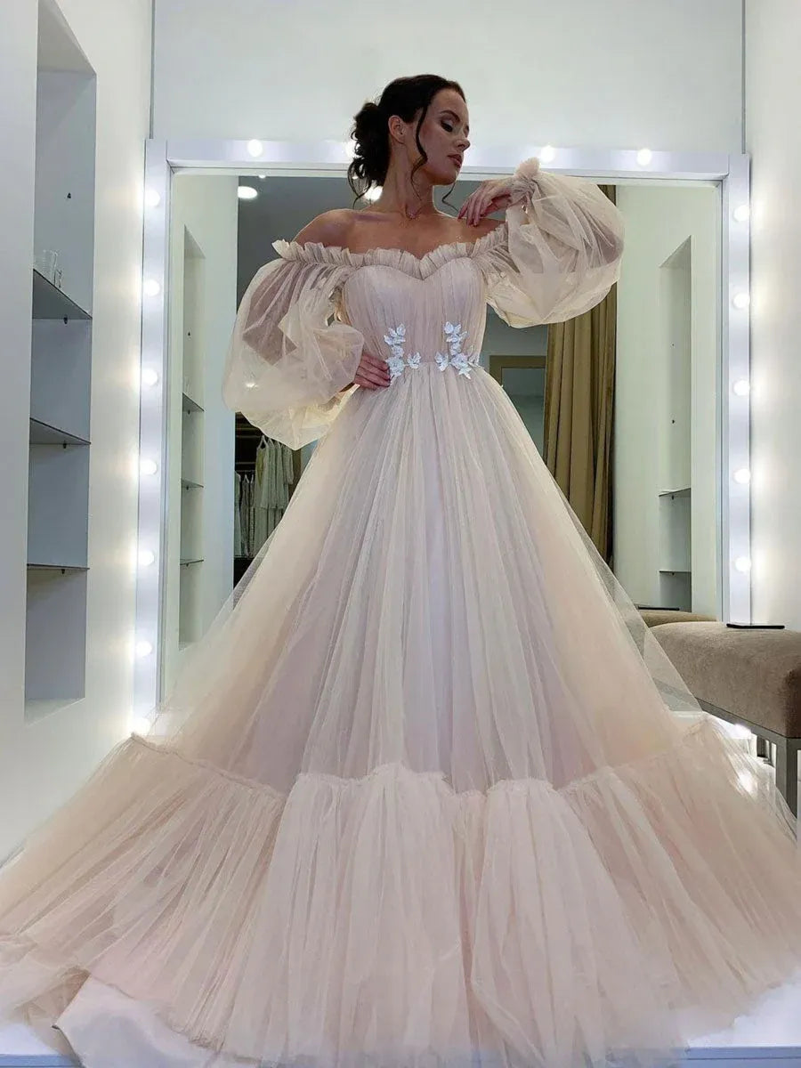 Ethereal Ball Gown Off Shoulder Puff Sleeve Maxi Prom Dress