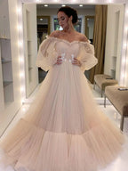 Ethereal Ball Gown Off Shoulder Puff Sleeve Maxi Prom Dress