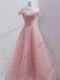 Ethereal Ball Gown Off Shoulder Ruffle Glitter Maxi Prom Dress