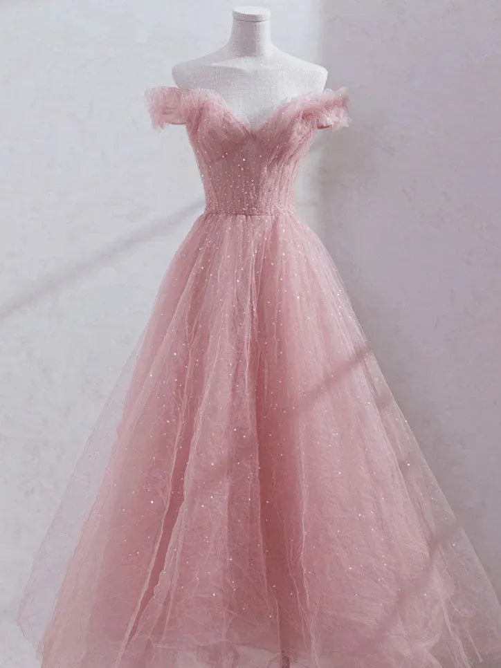 Ethereal Ball Gown Off Shoulder Ruffle Glitter Maxi Prom Dress
