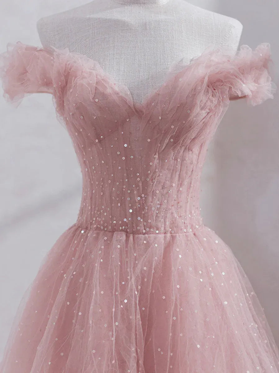 Ethereal Ball Gown Off Shoulder Ruffle Glitter Maxi Prom Dress