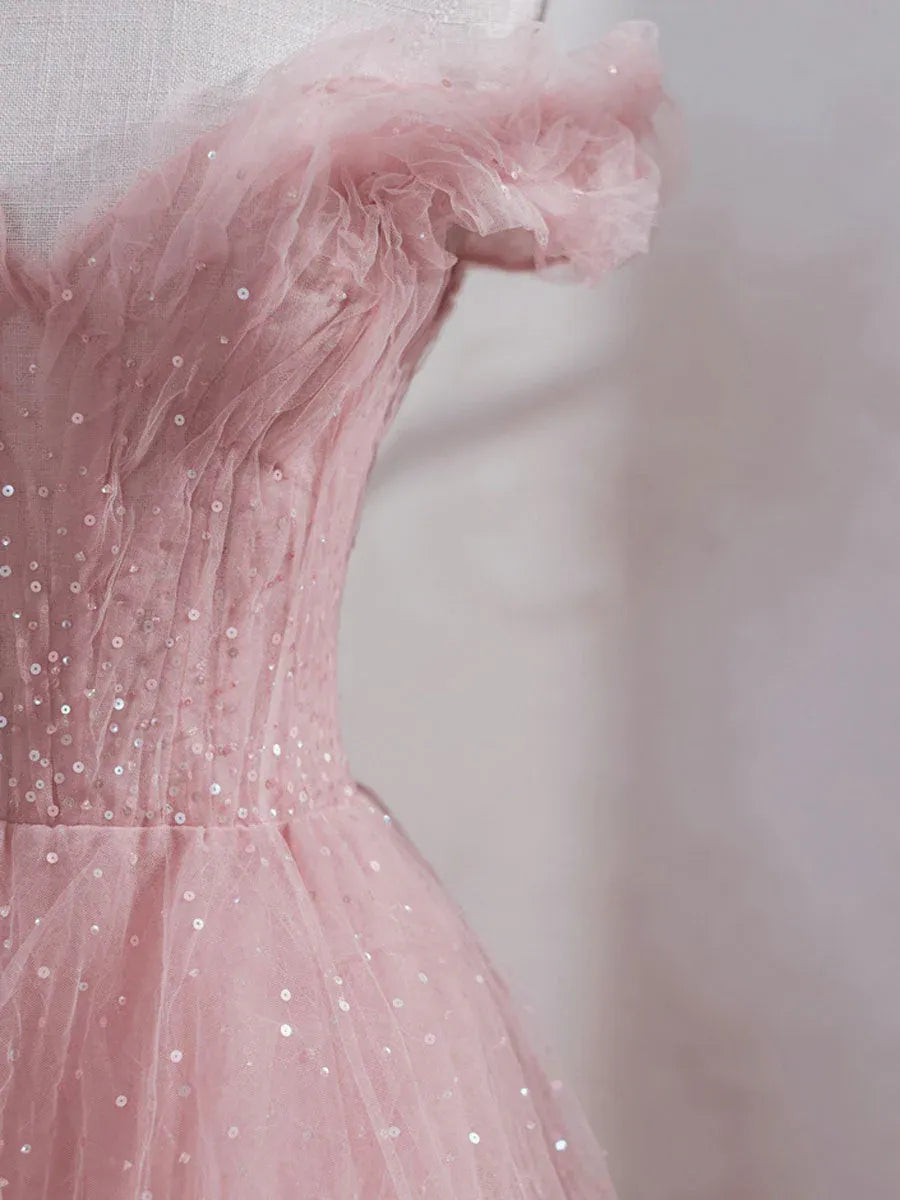 Ethereal Ball Gown Off Shoulder Ruffle Glitter Maxi Prom Dress