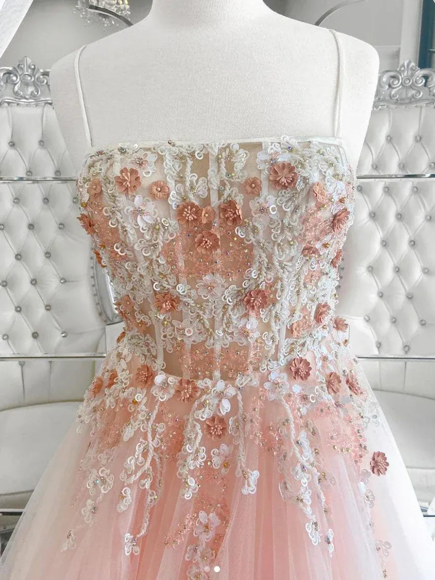 Ethereal Ball Gown Spaghetti Strap 3D Floral Maxi Prom Dress