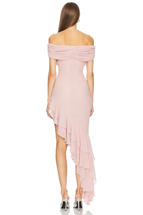 Ethereal Mermaid Off Shoulder Ruched Bodice Asymmetric Ruffle Skirt Prom Dress