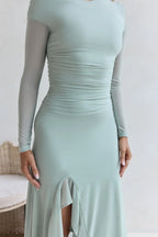Ethereal Mermaid One Shoulder Long Sleeve Ruched Back Asymmetric High Slit Floor Length Prom Dress