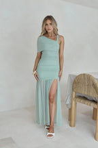Ethereal Mermaid One Shoulder Ruched Bodice High Slit Floor Length Prom Dress