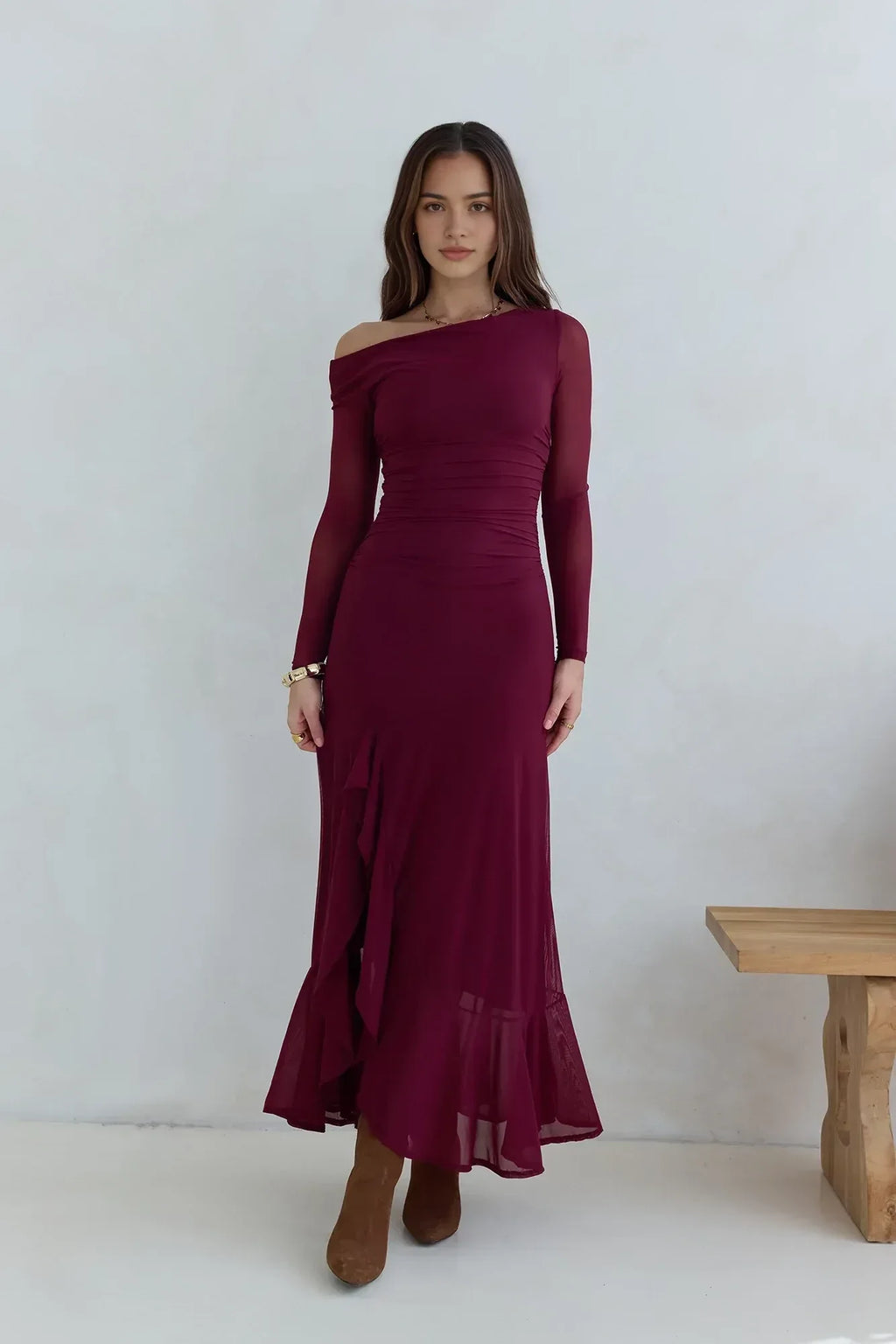 Ethereal Mermaid One Shoulder Sheer Long Sleeve Ruched Bodice Floor Length Prom Dress