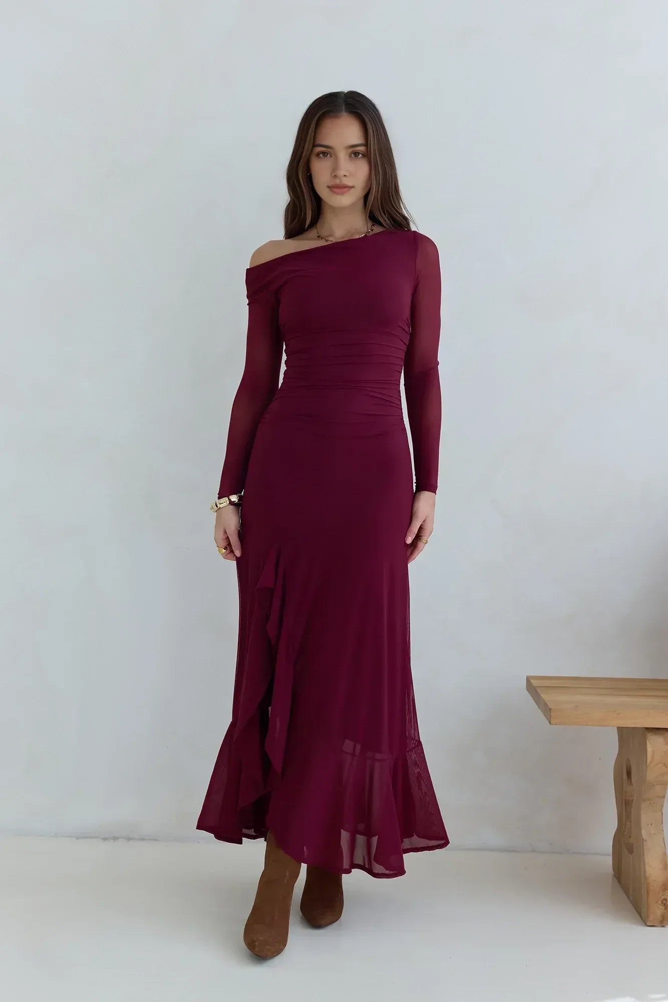 Ethereal Mermaid One Shoulder Sheer Long Sleeve Ruched Bodice Floor Length Prom Dress