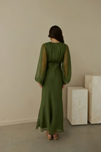 Ethereal Mermaid Plunge Neck Balloon Sleeve Ruched Back Floor Length Prom Dress