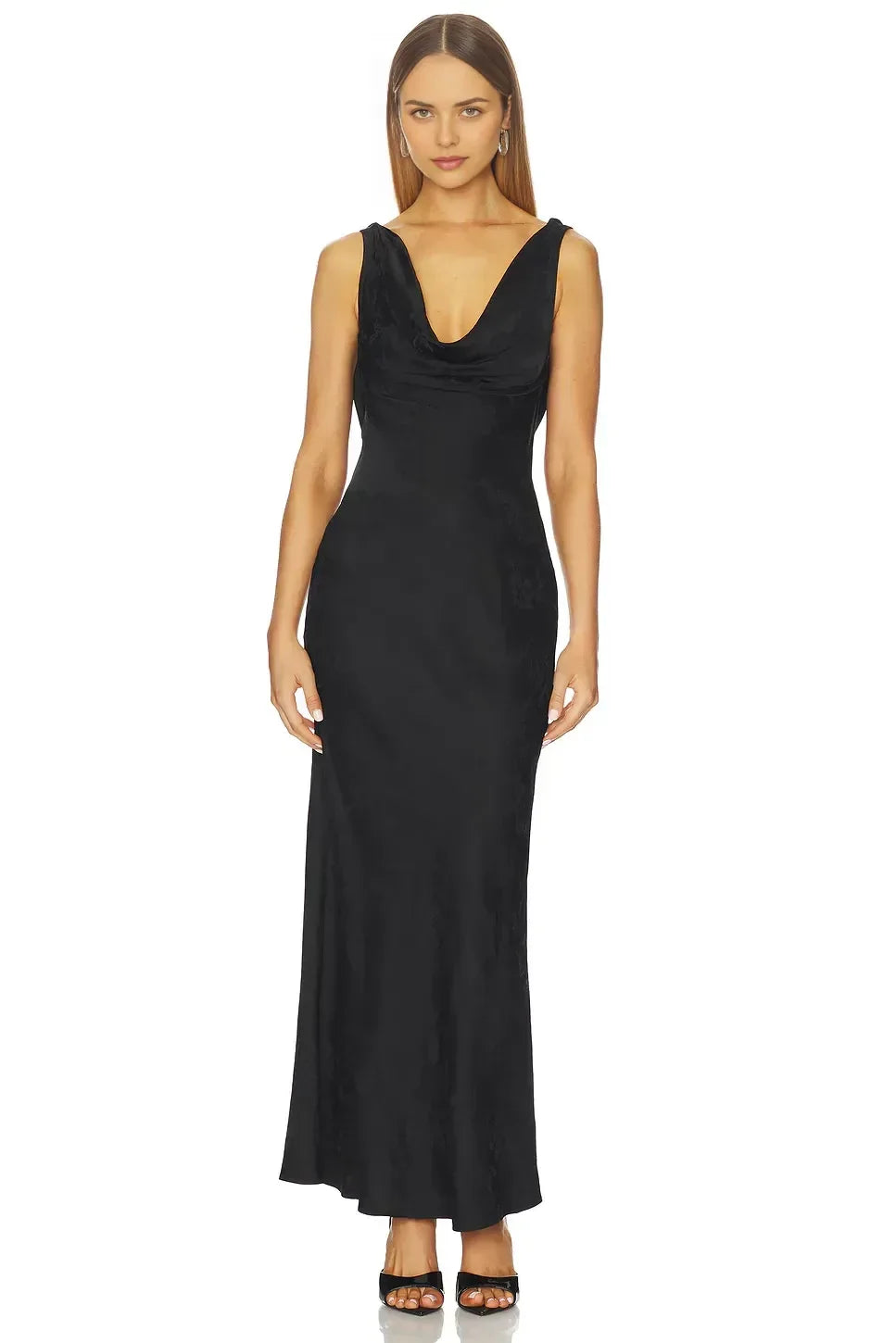 Ethereal Sheath Cowl Neck Sleeveless Crisscross Back Floor Length Prom Dress