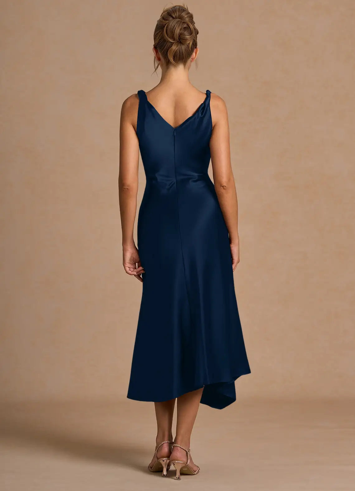 Ethereal Sheath Cowl Neck Sleeveless Ruched Accent Open Back Asymmetrical Midi For Women Prom Dress