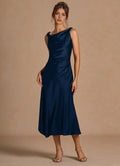 Ethereal Sheath Cowl Neck Sleeveless Ruched Accent Open Back Asymmetrical Midi For Women Prom Dress