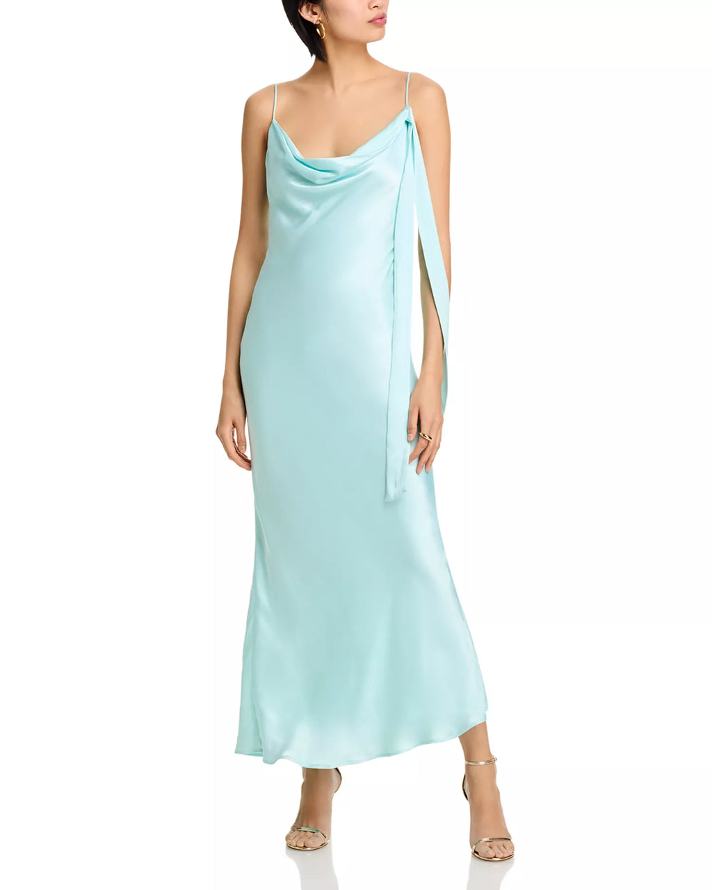 Ethereal Sheath Cowl Neck Spaghetti Strap Open Back Midi Length Prom Dress