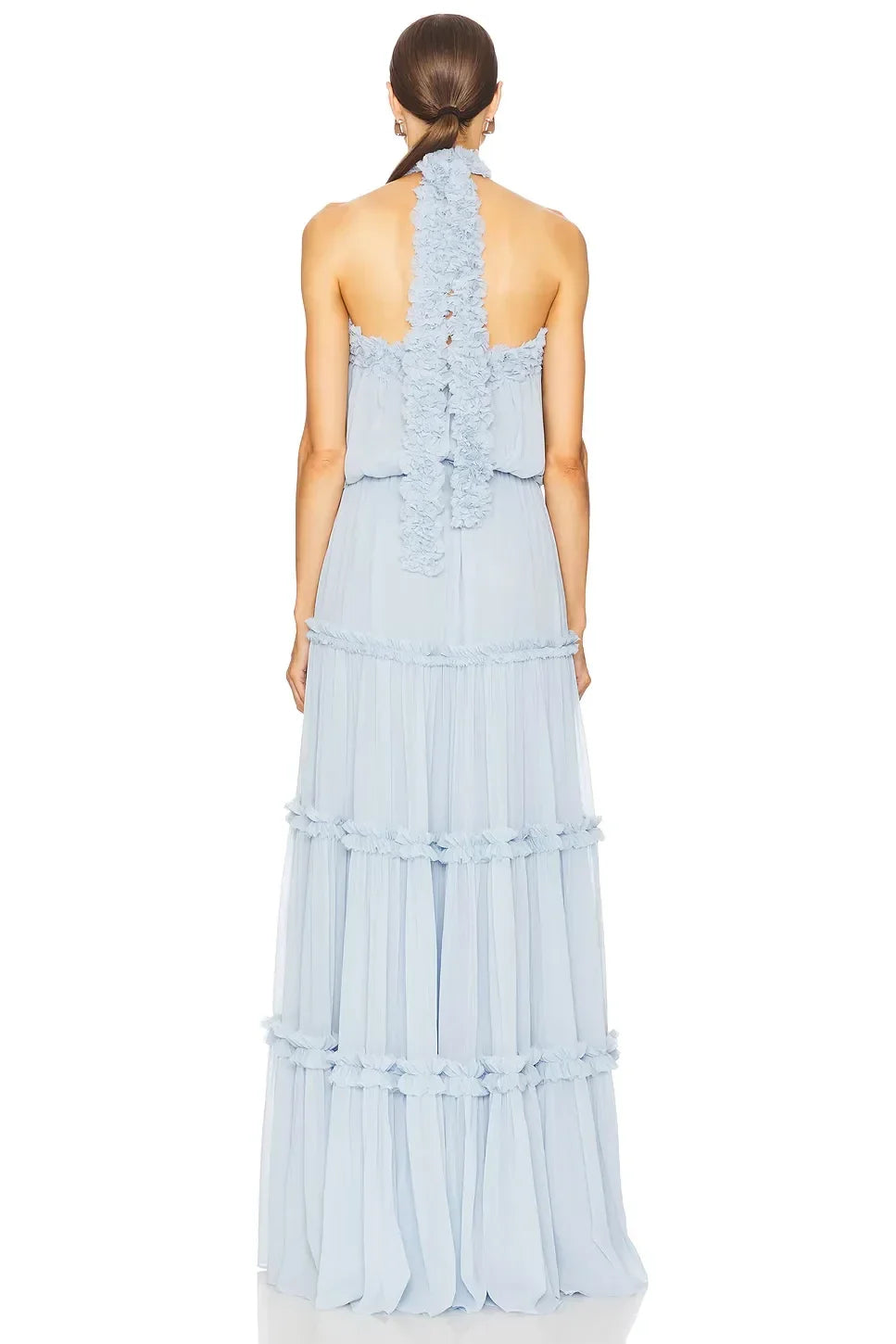 Ethereal Sheath Halter Neck Sleeveless Ruffled Back Floor Length Evening Dress
