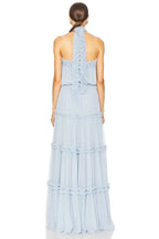 Ethereal Sheath Halter Neck Sleeveless Ruffled Back Floor Length Evening Dress