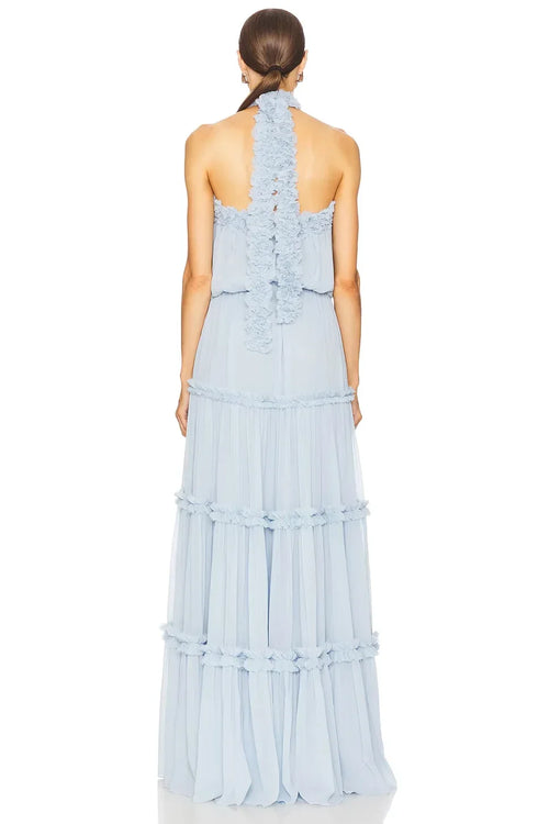 Robe de soirée longue sans manches à col licou avec dos à volants et traîne vaporeuse