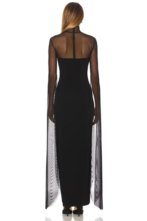 Robe de Soirée Longue Éthérée à Col Montant, Manches Transparentes et Dos Découpé