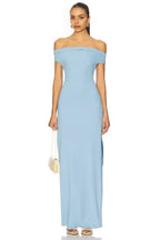 Ethereal Sheath Off Shoulder Cap Sleeve Ruched Back High Slit Floor Length Prom Dress