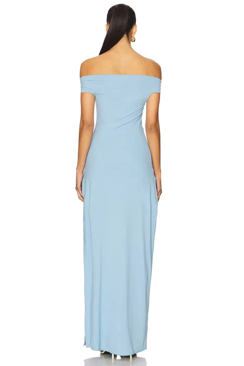 Ethereal Sheath Off Shoulder Cap Sleeve Ruched Back High Slit Floor Length Prom Dress