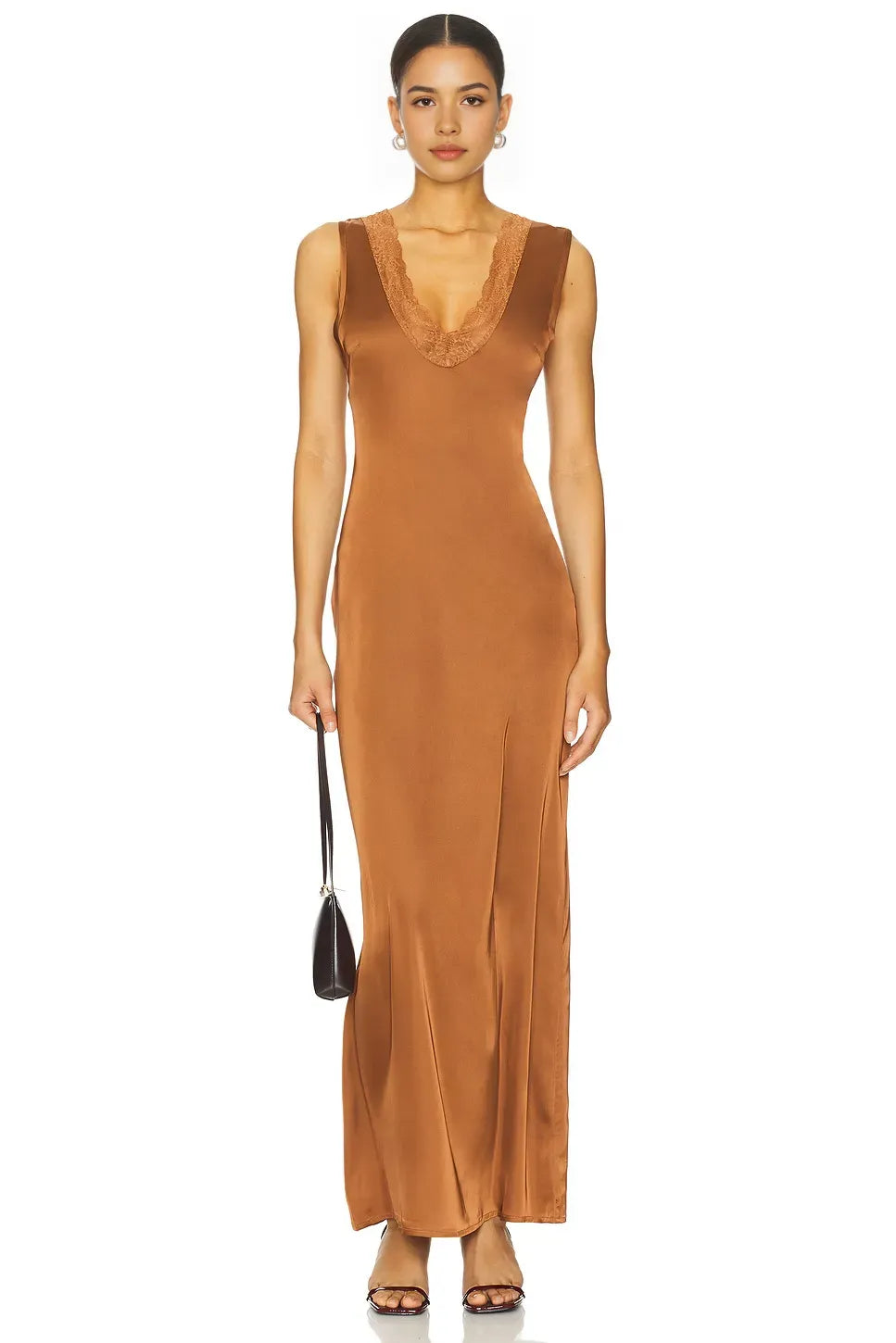 Ethereal Sheath Plunge Neck Lace Trimmed High Slit Floor Length Prom Dress