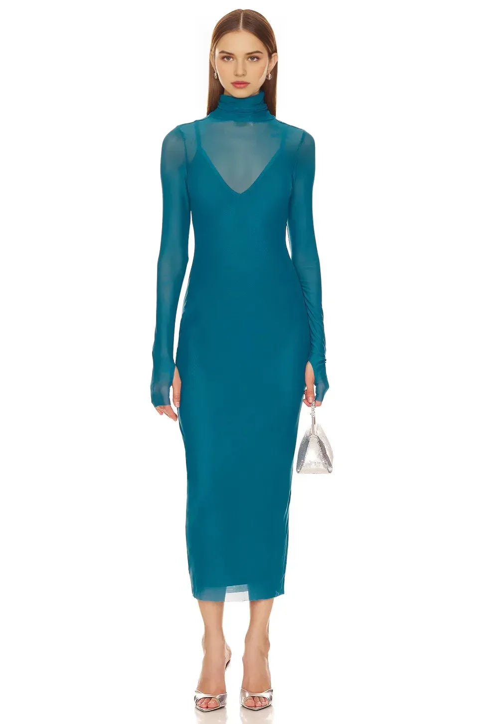 Ethereal Sheath Turtleneck Mesh Sleeve Open Back Midi Evening Dress