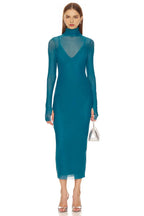 Ethereal Sheath Turtleneck Mesh Sleeve Open Back Midi Evening Dress
