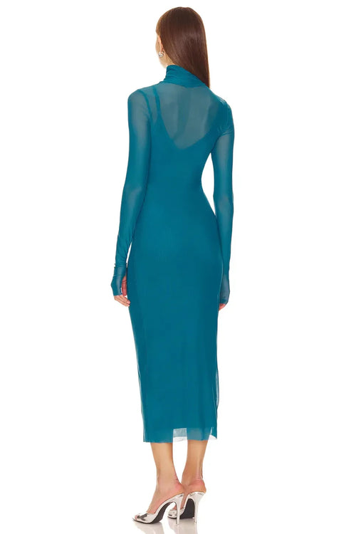 Robe de soirée midi Ethereal Sheath à col roulé, manches en résille et dos ouvert