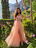 Ethereal Spaghetti Strap Floral Applique Prom Dress with Slit