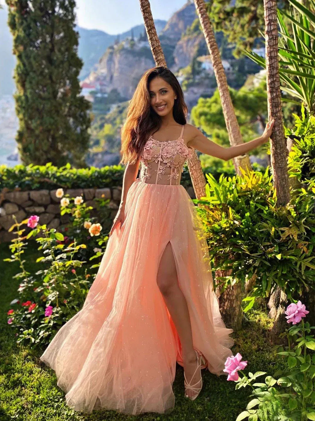 Ethereal Spaghetti Strap Floral Applique Prom Dress with Slit