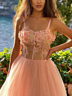 Ethereal Spaghetti Strap Floral Applique Prom Dress with Slit