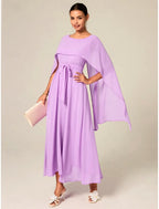 Ethereal A-Line Crew Neck Cape-Sleeve Belted Lilac Midi Prom Dress for Women Ready to Ship
