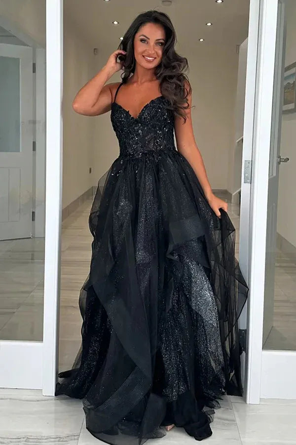 Ethereal A-Line Spaghetti Strap Appliques Ruffle Prom Gown