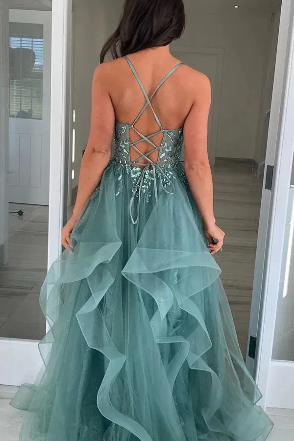 Ethereal A-Line Spaghetti Strap Appliques Ruffle Prom Gown
