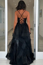 Ethereal A-Line Spaghetti Strap Appliques Ruffle Prom Gown