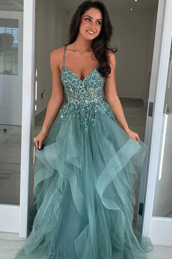 Ethereal A-Line Spaghetti Strap Appliques Ruffle Prom Gown