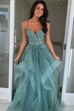 Ethereal A-Line Spaghetti Strap Appliques Ruffle Prom Gown
