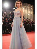 Ethereal A-Line Spaghetti Strap Beaded Ombre Sky Blue Floor Length Prom Dress