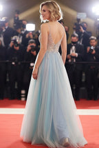 Ethereal A-Line Spaghetti Strap Beaded Ombre Sky Blue Floor Length Prom Dress