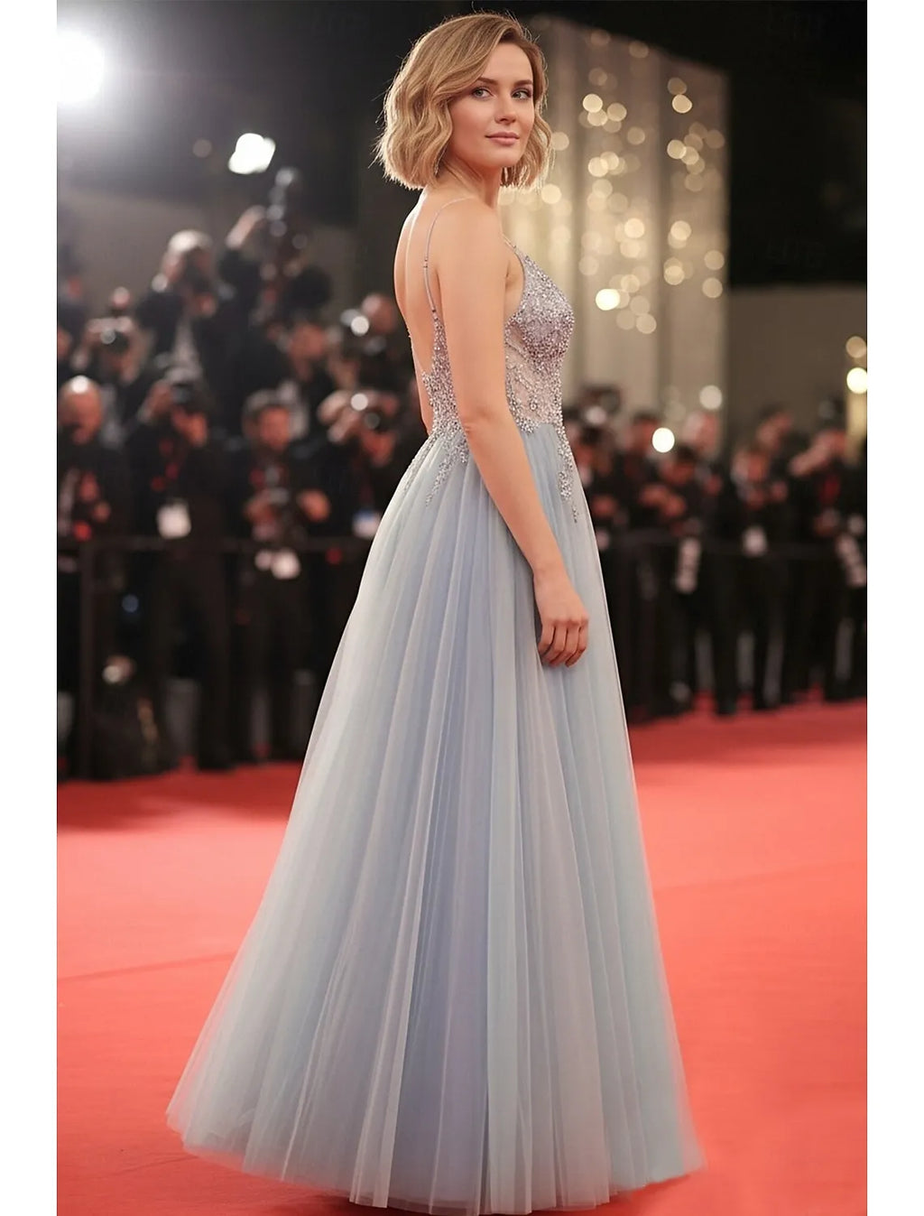 Ethereal A-Line Spaghetti Strap Beaded Ombre Sky Blue Floor Length Prom Dress