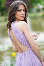 Ethereal A-line Halter-neck Sleeveless Ruched Lilac Floor-length Prom Dress for Women Ready to Ship