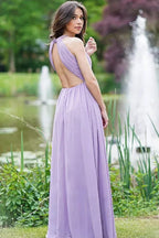 Ethereal A-line Halter-neck Sleeveless Ruched Lilac Floor-length Prom Dress for Women Ready to Ship
